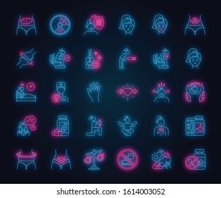 Predmenstrual Syndrome Neon Light Icons Set. Menstrual Cycle. Period Abdominal Pain. Food Craving. Birth Control. Aromatherapy Hormone Imbalance. Glowing Signs. Vector Isolated Illustrations