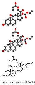 Prednicarbate topical corticosteroid drug molecule. Stylized 2D renderings and conventional skeletal formula.