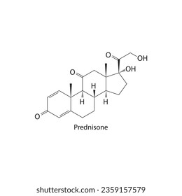 Prednisone Synthetic Corticosteroid used as an anti-inflammatory and immunosuppressive medication Molecular structure skeletal formula on white background.