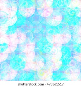 The predominance of white and blue. Circles and spirals. Abstract seamless vector background for fabric and wrapping paper.