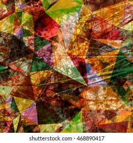 The predominance of yellow, red and green. Triangular pattern. Grunge background with stripes, streaks, spots and scratches. Vector. 
