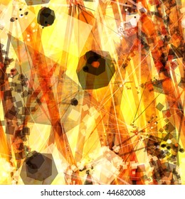 Predominance of yellow. Spots of polygons, strips, triangular elements, squares. Randomly mixed. Overlapping, transparent, overlay, Abstract seamless vector background.