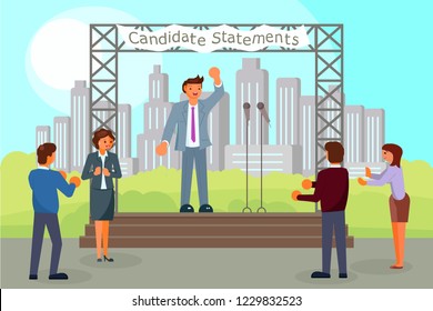 Pre-election campaign concept vector flat illustration. Political candidate making his election statements, giving his pledges to voters from outdoor scene. Public statement, election speech, meeting.