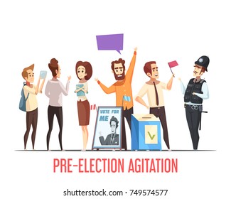 Pre-election canvassing campaigning with candidates talking to people political cartoon composition with ballot box vector illustration 