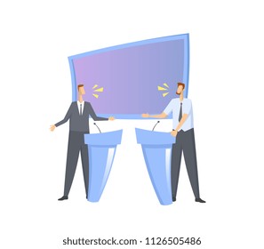 Pre-election debate. Two candidates having an argument in studio with screen and stands. Colorful flat vector illustration. Isolated on white background.