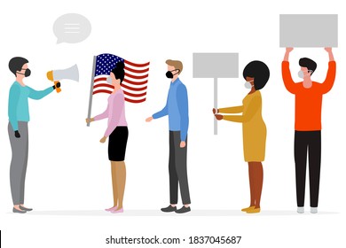 Pre-election rally Voting People Election campaign Vector illustration Pre-election canvassing. Political campaigning. Vote for candidate. USA American presidential election 2020. Supporters of Party