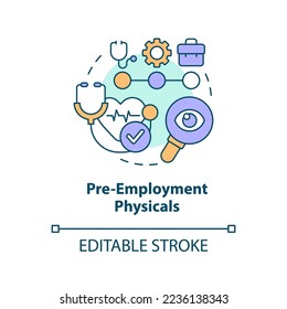 Pre-employment physicals concept icon. Medical check-up. Avoid workplace injuries tip abstract idea thin line illustration. Isolated outline drawing. Editable stroke. Arial, Myriad Pro-Bold fonts used