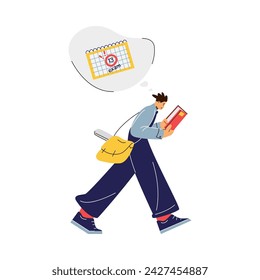 Pre-exam preparation. Vector illustration of a student walking and reading with a thought bubble showing a calendar marked with an exam date