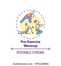 Pre-exercise warmup concept icon. Home physical training tip idea thin line illustration. Increasing flexibility. Warm-up exercises. Vector isolated outline RGB color drawing. Editable stroke