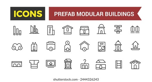 Prefab Modular Buildings Icons Set, Set Of Prefabricated Shipping Container Homes, Modular Construction, Barn House, Office, Garage, Toilet, Shed Vector Icon, Vector Illustration
