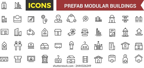 Vorgefertigte modulare Gebäude Icons Set, Set von vorgefertigten Versandcontainerhäusern, modulare Konstruktion, Scheunenhaus, Büro, Garage, WC, Schuppen Vektorgrafik Icon, Vektorillustration