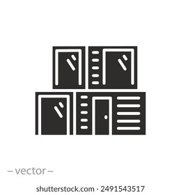 Fertigbau-Ikone, modulares Containerhaus, Gebäudegehäuse, Haus an den Fertigplatten, Puzzlebau, Zukunftsarchitektur, flache Vektorillustration