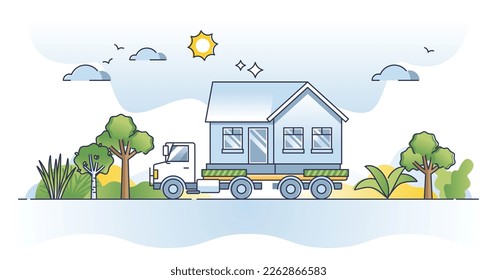 Vorgefertigte Häuser und Häuser aus zusammengebauten Fertigpaneelen umrissen das Konzept. Immobilienmodell mit LKW-Vektorgrafik. Temporäre modulare Kabine als einfaches, erschwingliches und mobiles Anwesen.