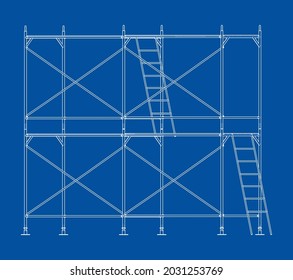 Vorgefertigte Gerüste. Vektorgrafik von 3d. Wire-Frame-Stil. Die Schichten sichtbarer und unsichtbarer Linien sind getrennt. Orthographie