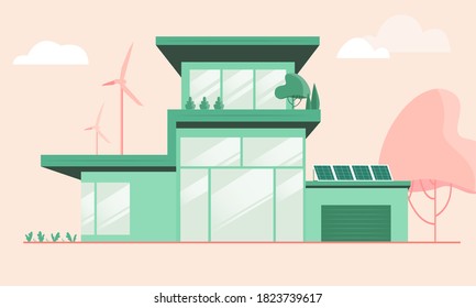 Prefabricated sustainable home with modernist environmentally conscious design, including solar panels and wind farms. Eco friendly smart houses and efficient homes.