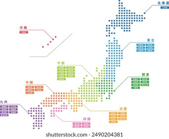 Prefectures of Japan represented by colourful cute dots and circles _Map of Japan by simple areas.(All local division names and city names are written in Japanese.)