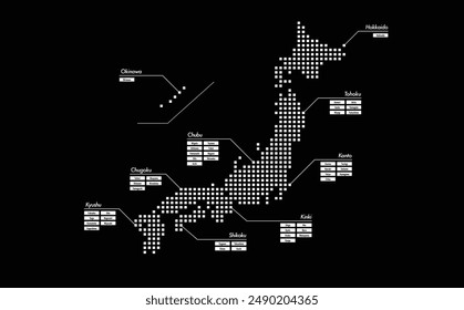 Prefectures of Japan represented by cool monotone dots and circles _Simple, white monochrome map of Japan.