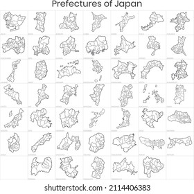 Prefectures of Japan simple outline maps design. Geography vector graphic template. Include tokyo, osaka, kyoto, hokkaido, nara, saitama, okinawa, kagawa, kumamoto etc.