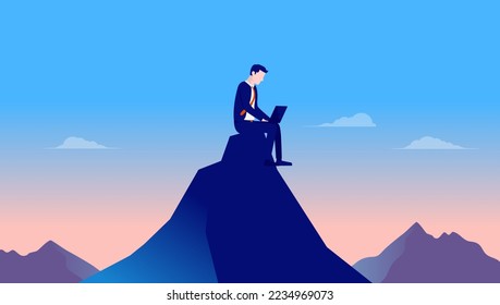 Prefer working alone - Man sitting on mountaintop doing solo remote work in solitude away from people. Vector illustration