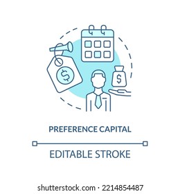 Preference capital turquoise concept icon. Fixed rate. Source of long term financing abstract idea thin line illustration. Isolated outline drawing. Editable stroke. Arial, Myriad Pro-Bold fonts used