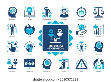 Conjunto de iconos de economía de preferencias. Racionalidad, Teoría, Motivación, Deseo, Transitividad, Felicidad, Satisfacción, Riesgo. Iconos sólidos de color duotono