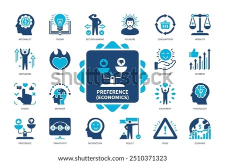 Preference Economics icon set. Rationality, Theory, Motivation, Desire, Transitivity, Happiness, Satisfaction, Risk. Duotone color solid icons
