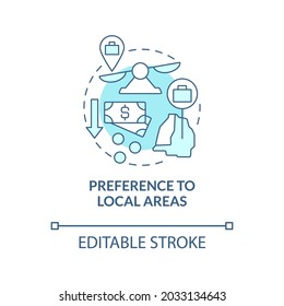 Das blaue Konzeptsymbol für lokale Bereiche wird verwendet. Unternehmen bevorzugen Bereiche um abstrakte Idee dünne Linie Illustration. Soziale Verantwortung der Unternehmen. Vektorgrafik einzeln auf Umrissfarben. Bearbeitbarer Hub