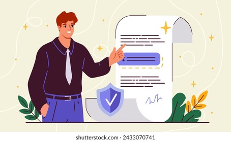 Preference management concept, Man near list of tasks and goals. Planning and scheduling, time management. Contract and agreement. Cartoon flat vector illustration isolated on beige background
