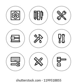 Preferences icon set. collection of 9 outline preferences icons with configuration, hammer, preferences icons. editable icons.