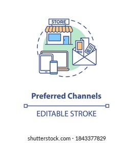 Icono de concepto de canales preferidos. Ilustración delgada de la idea de estrategia de marketing digital. Ventas de tiendas sin conexión. Dibujo de color RGB con contorno aislado del vector. Promoción de tienda en línea. Trazo editable