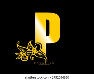 The prefix letter P is in the form of a logo decorated with a batik pattern. beautiful, luxurious. gold monogram logo ornament. batik fonts