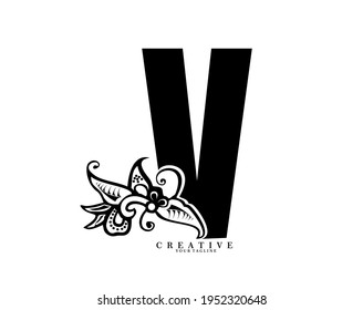 The prefix of the letter V is in the form of a logo decorated with a batik pattern. beautiful, elegant, luxurious. black white monogram logo ornament. batik fonts