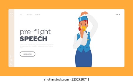Pre-flight Speech Landing Page Template. Stewardess Airplane Staff Female Character Show how to Put on Oxygen Mask. Flight Attendant Air Hostess Girl in Uniform and Cap. Cartoon Vector Illustration