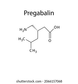 Pregabalin molecular structure, flat skeletal chemical formula. Anti convulsant drug used to treat Epilepsy, seizure, pain.