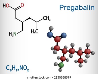 Pregabalin molecule. It is anticonvulsant, anxiolytic drug used to treat fibromyalgia and epilepsy. Structural chemical formula and molecule model. Vector illustration