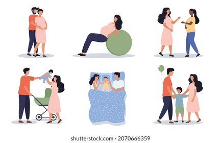 Pregnacy and motherhood. Collection of pictures on which girl preparing for birth of child. Caring for baby. Happy family images set. Cartoon flat vector illustrations isolated on white background