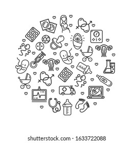 Pregnance Signs Round Design Template Thin Line Icon Concept Banner for Promotion, Marketing and Advertising. Vector illustration