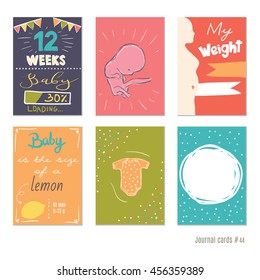 pregnancy 12 weeks Vector design templates for journal cards, scrapbooking cards, greeting cards, gift cards, patterns, blogging. Planner cards. Cute doodle. Printable templates set.