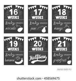 pregnancy 16-21 weeks Vector design templates for journal cards, scrapbooking cards, greeting cards, gift cards, patterns, blogging. Planner cards. Cute doodle. Printable templates set.