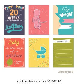 pregnancy 20 weeks Vector design templates for journal cards, scrapbooking cards, greeting cards, gift cards, patterns, blogging. Planner cards. Cute doodle. Printable templates set.