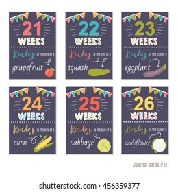 pregnancy 21-26 weeks Vector design templates for journal cards, scrapbooking cards, greeting cards, gift cards, patterns, blogging. Planner cards. Cute doodle. Printable templates set.