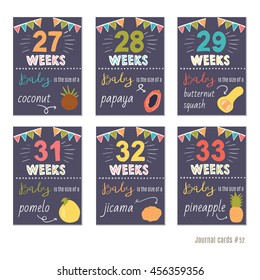 pregnancy 27-33 weeks Vector design templates for journal cards, scrapbooking cards, greeting cards, gift cards, patterns, blogging. Planner cards. Cute doodle. Printable templates set.