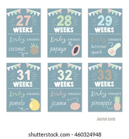 pregnancy 27-33 weeks Vector design templates for journal cards,Pregnancy stages, trimesters and birth, pregnant woman and baby. Infographic elements