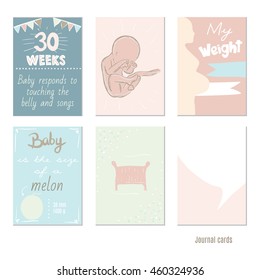 pregnancy 30 weeks Vector design templates for journal cards, Pregnancy stages, trimesters and birth, pregnant woman and baby. Infographic elements