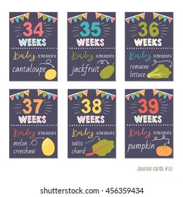 pregnancy 34-39 weeks Vector design templates for journal cards, scrapbooking cards, greeting cards, gift cards, patterns, blogging. Planner cards. Cute doodle. Printable templates set.