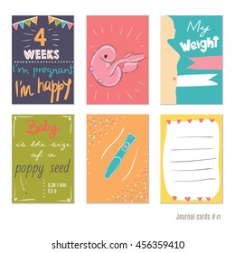 pregnancy 4 weeks Vector design templates for journal cards, scrapbooking cards, greeting cards, gift cards, patterns, blogging. Planner cards. Cute doodle. Printable templates set.