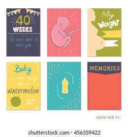 pregnancy 40 weeks Vector design templates for journal cards, scrapbooking cards, greeting cards, gift cards, patterns, blogging. Planner cards. Cute doodle. Printable templates set.