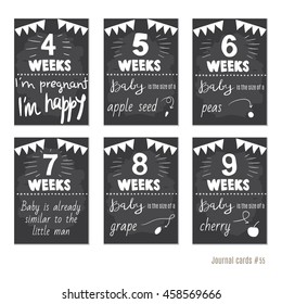 pregnancy 4-9 weeks Vector design templates for journal cards, scrapbooking cards, greeting cards, gift cards, patterns, blogging. Planner cards. Cute doodle. Printable templates set.