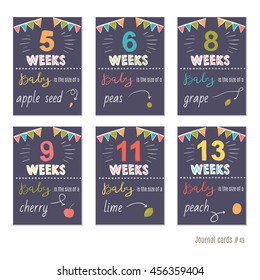 pregnancy 5-13 weeks Vector design templates for journal cards, scrapbooking cards, greeting cards, gift cards, patterns, blogging. Planner cards. Cute doodle. Printable templates set.