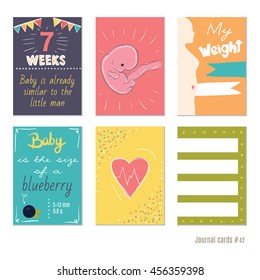 pregnancy 7 weeks Vector design templates for journal cards, scrapbooking cards, greeting cards, gift cards, patterns, blogging. Planner cards. Cute doodle. Printable templates set.